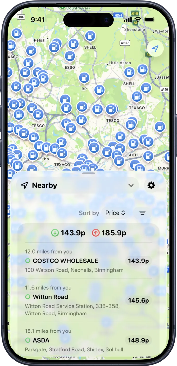Map view with station markers and live prices